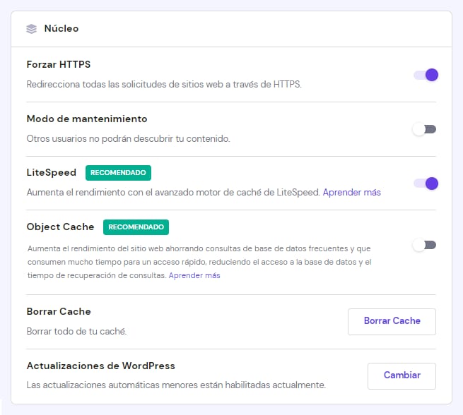 La sección Núcleo en el panel de vista general de WordPress