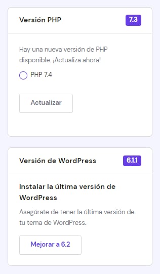 La opción de cambiar la versión de PHP y WordPress en WordPress → Vista general → Tablero principal