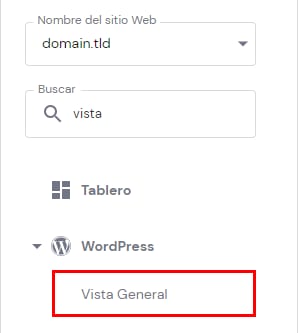 La opción Vista General de WordPress en el panel de alojamiento del sitio web