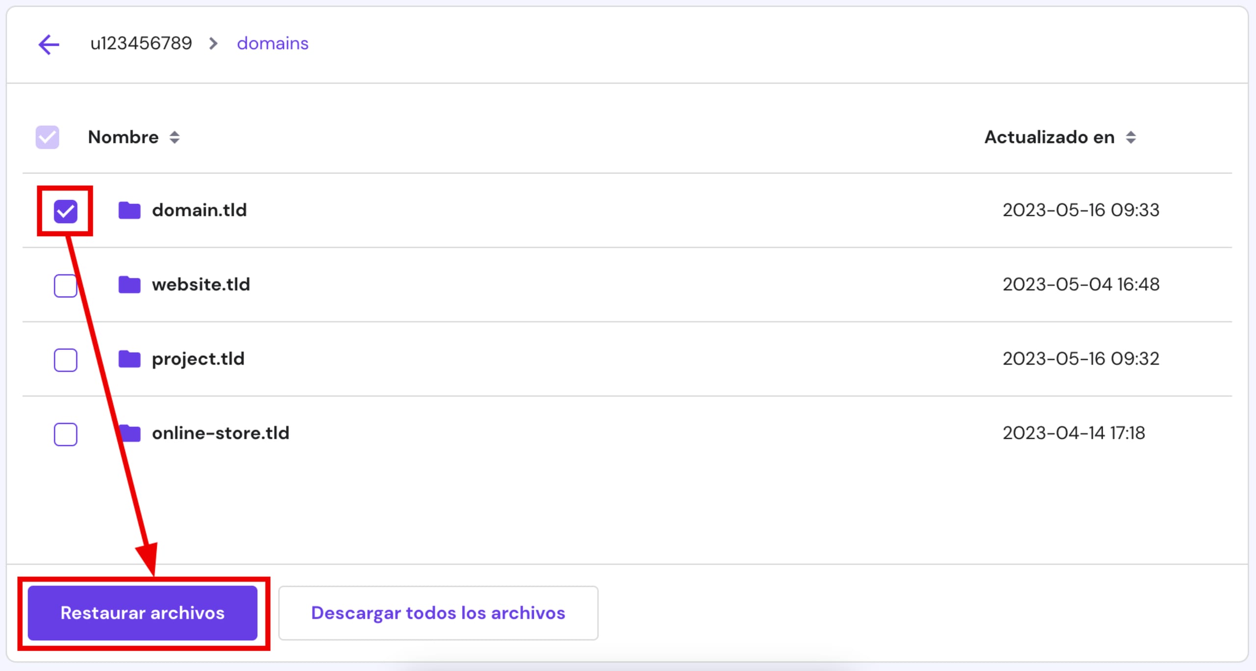 Restaurar una copia de seguridad de la carpeta concreta