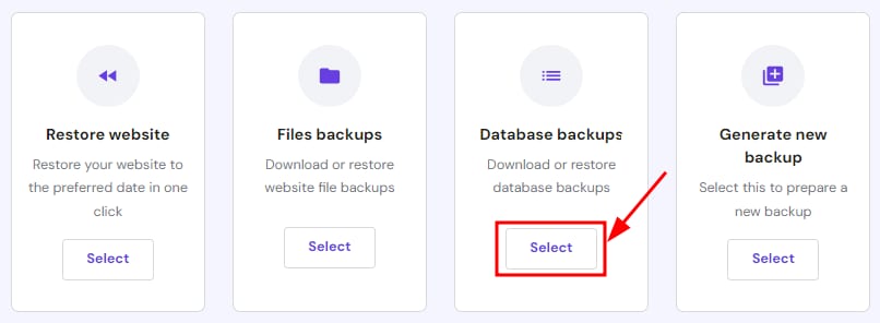 The available bakup options showing how to select database backups