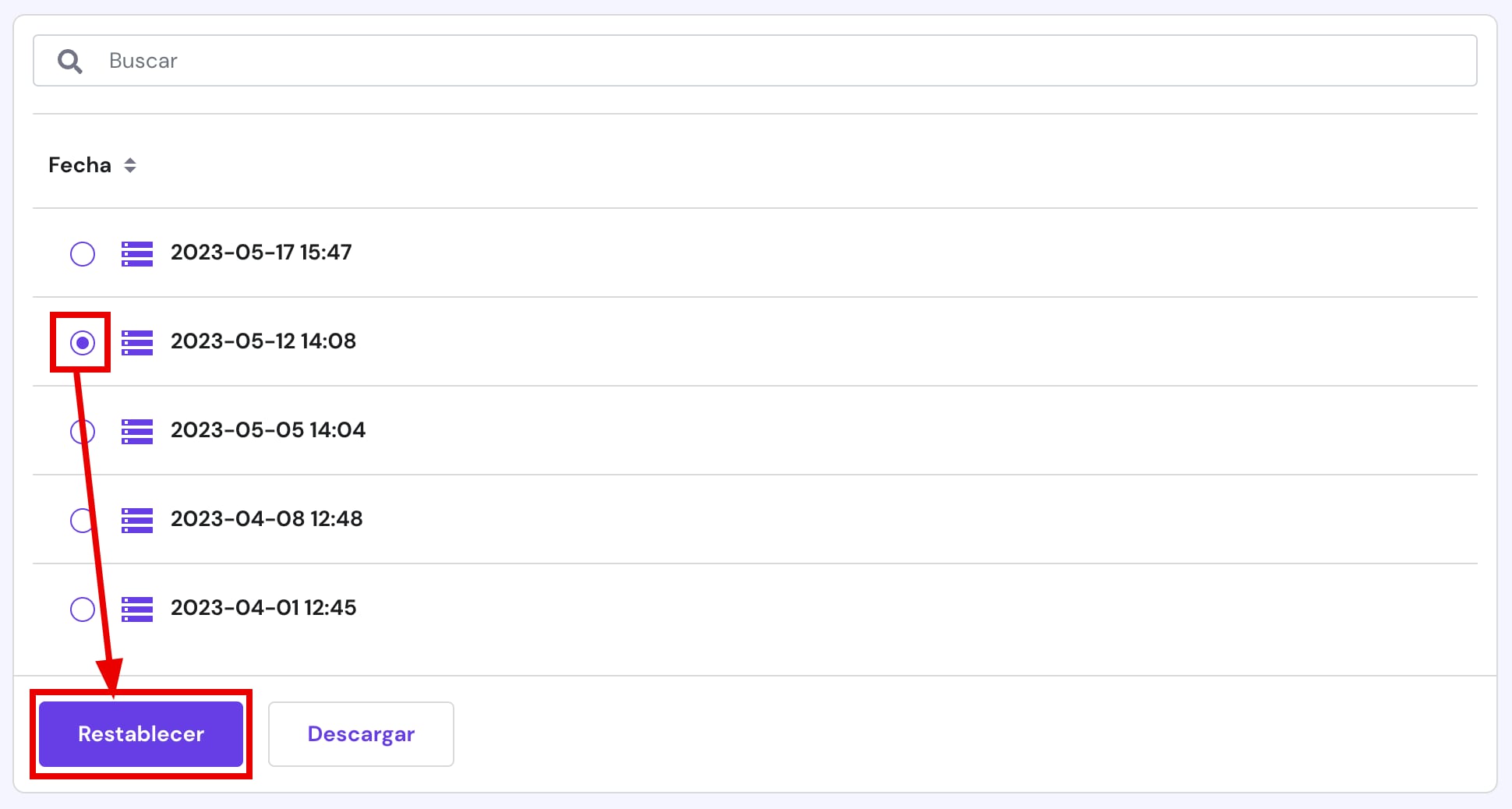 Seleccionar una fecha concreta de la copia de seguridad de la base de datos
