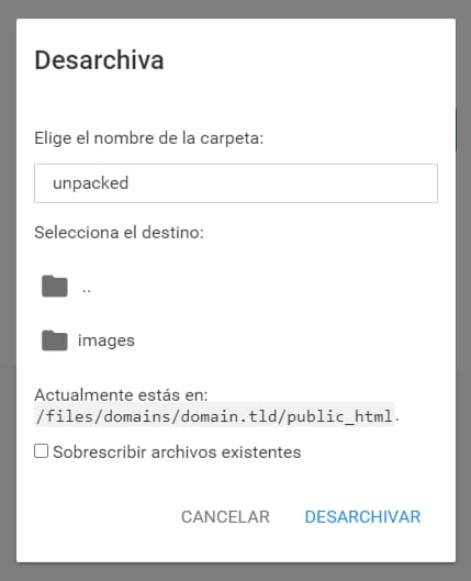 Las opciones de Desarchivado: elegir nombre de carpeta, seleccionar destino, sobreescribir archivos existentes