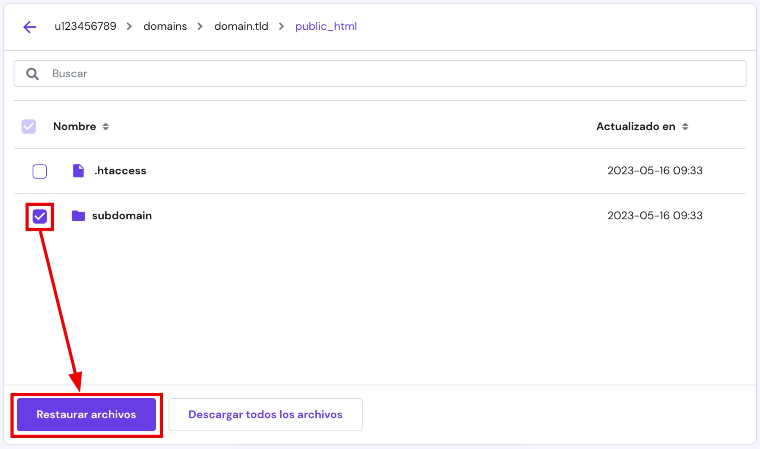 Restaurar una copia de seguridad de la carpeta de un sitio web concreto