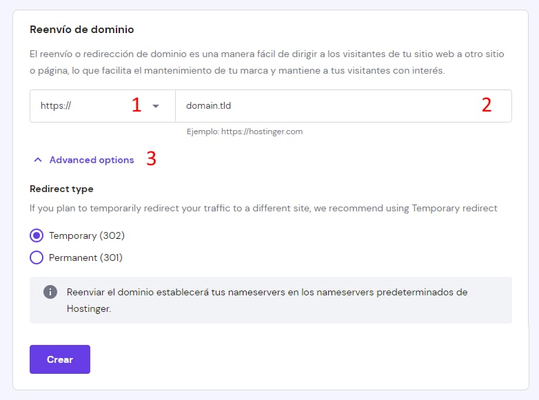 Las opciones de redirección de dominio en hPanel en Hostinger