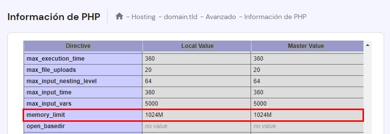 El valor PHP memory_limit en la página de información de PHP