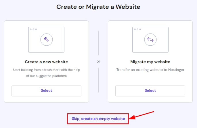 The option to skip website creation or migration and create an empty website