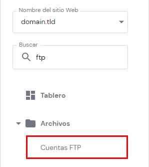 La barra lateral de hPanel mostrando la opción Cuentas FTP