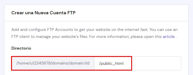 La sección Crear nueva cuenta FTP que muestra la ruta de la carpeta raíz