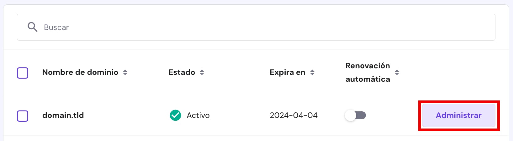 El botón Administrar en la sección Dominios de Hostinger