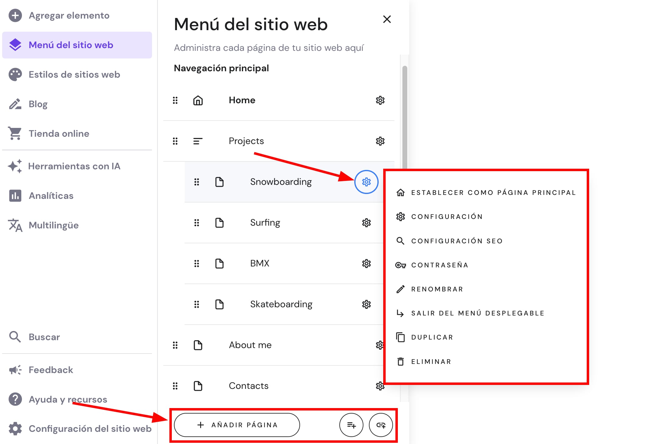Formas de gestionar las páginas y el menú de navegación del sitio web