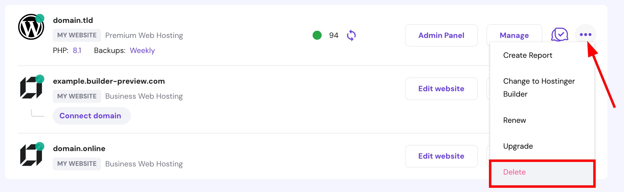 The Delete website option in hPanel