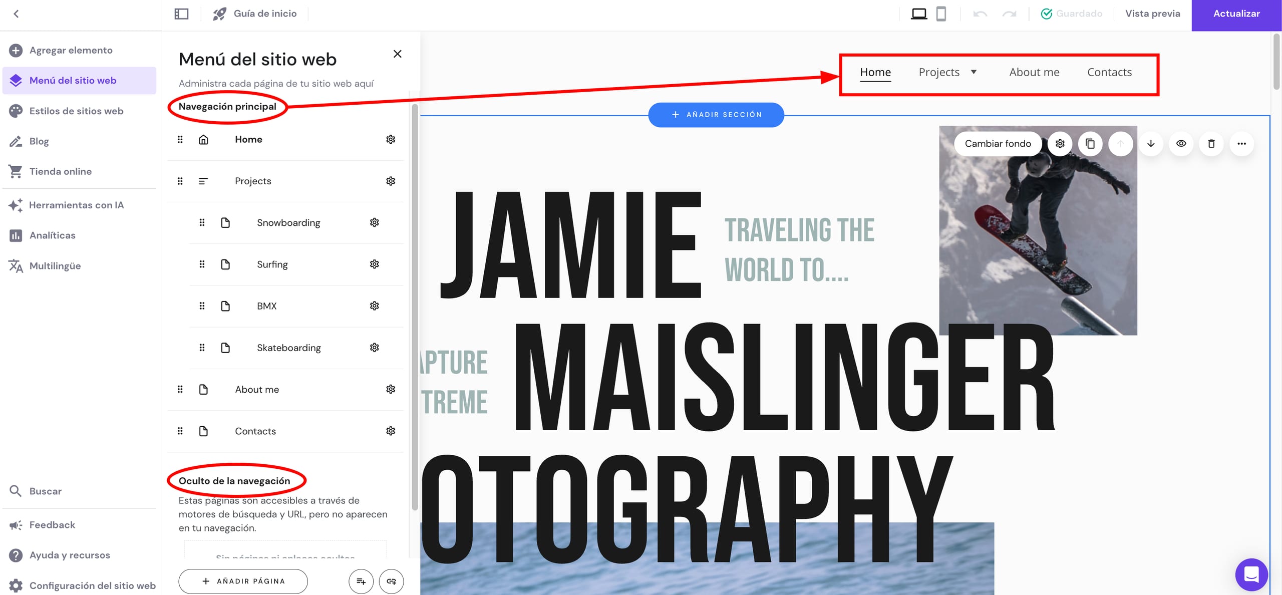 Las páginas en la navegación principal frente a las páginas ocultas del menú de navegación