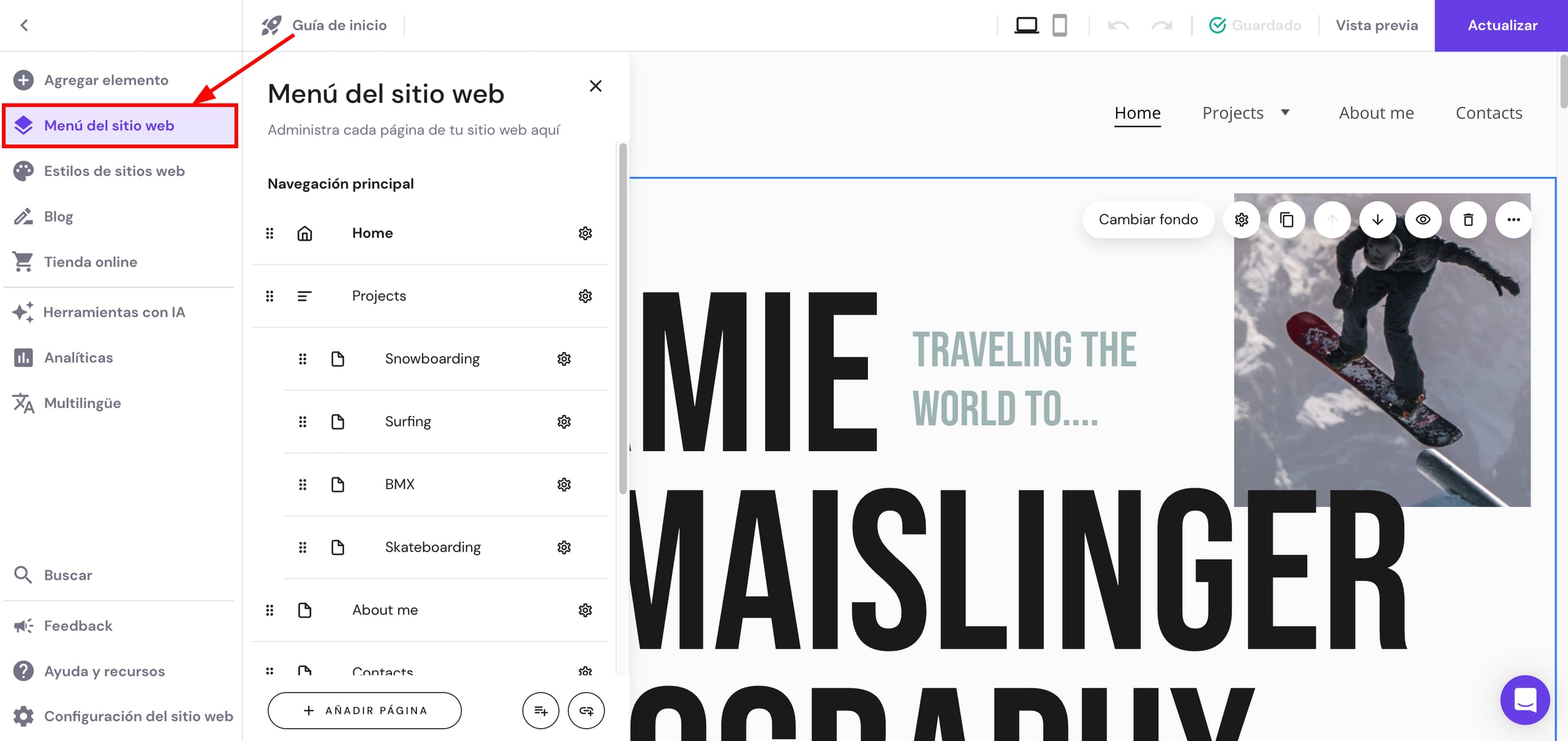 Páginas y panel de navegación en Hostinger Website Builder
