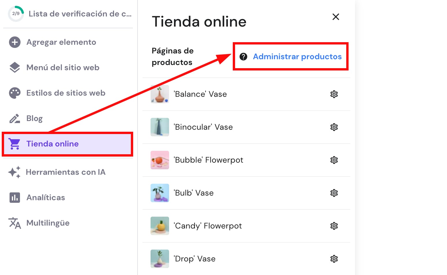 El botón para editar productos en Hostinger Website Builder