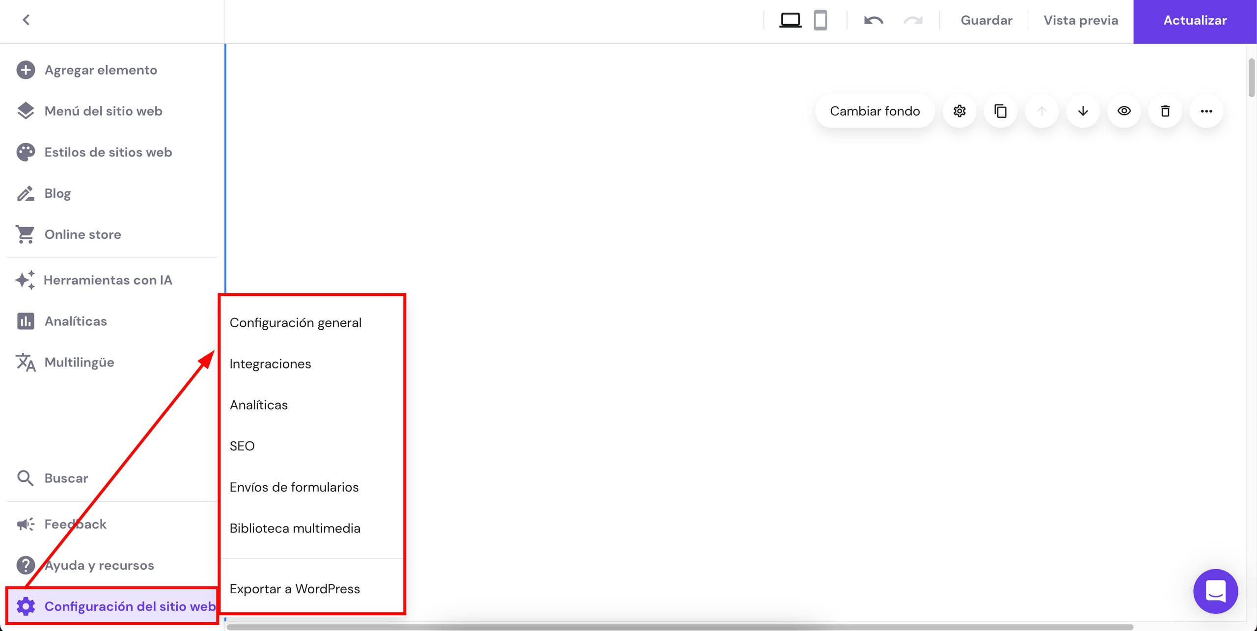 Configuración del sitio web en Hostinger Website Builder 