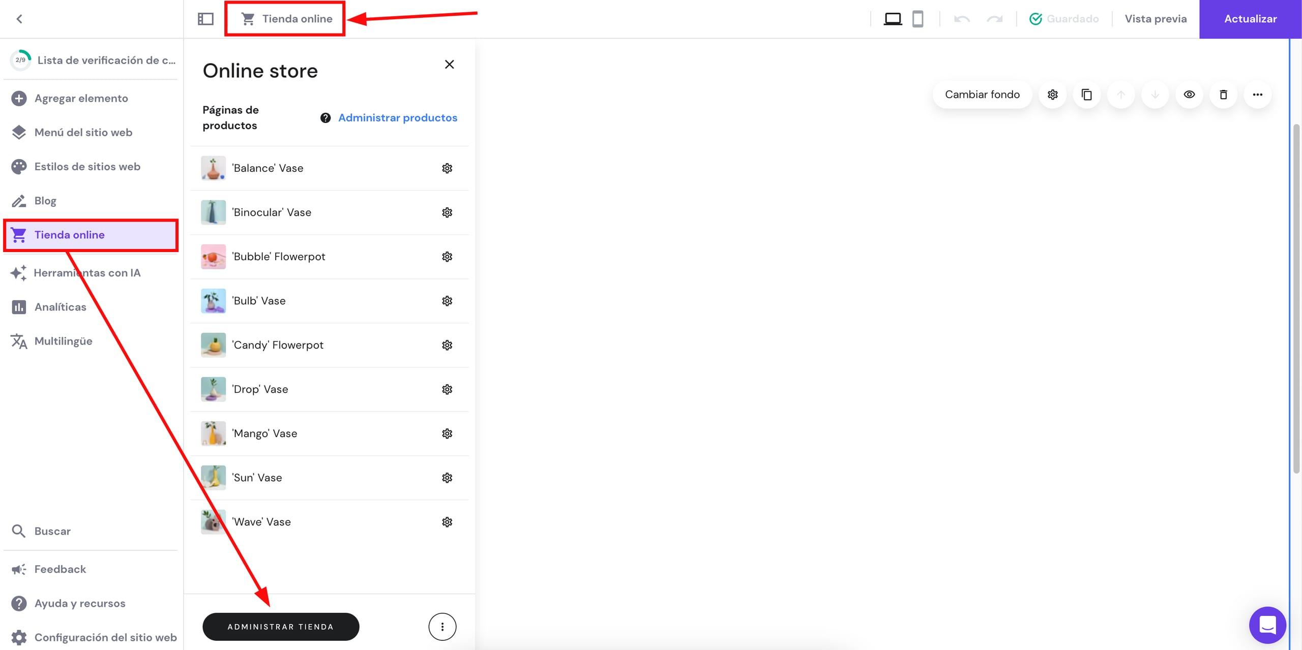 Las formas de acceder a la gestión de la tienda son en Hostinger Website Builder