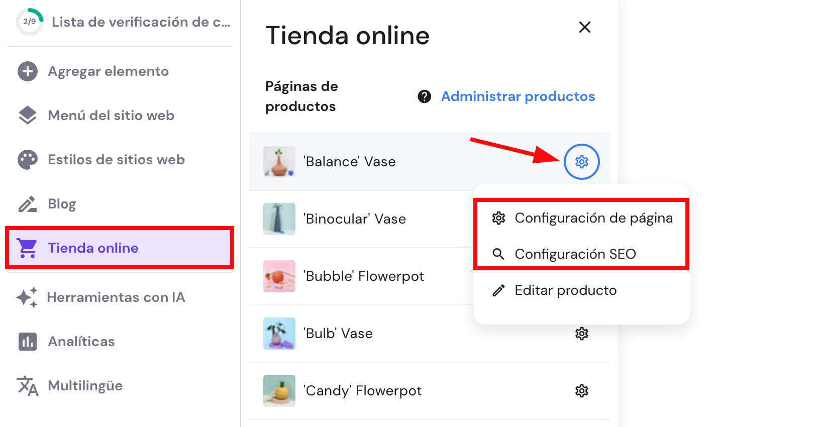 Acceder a la configuración de la página de producto