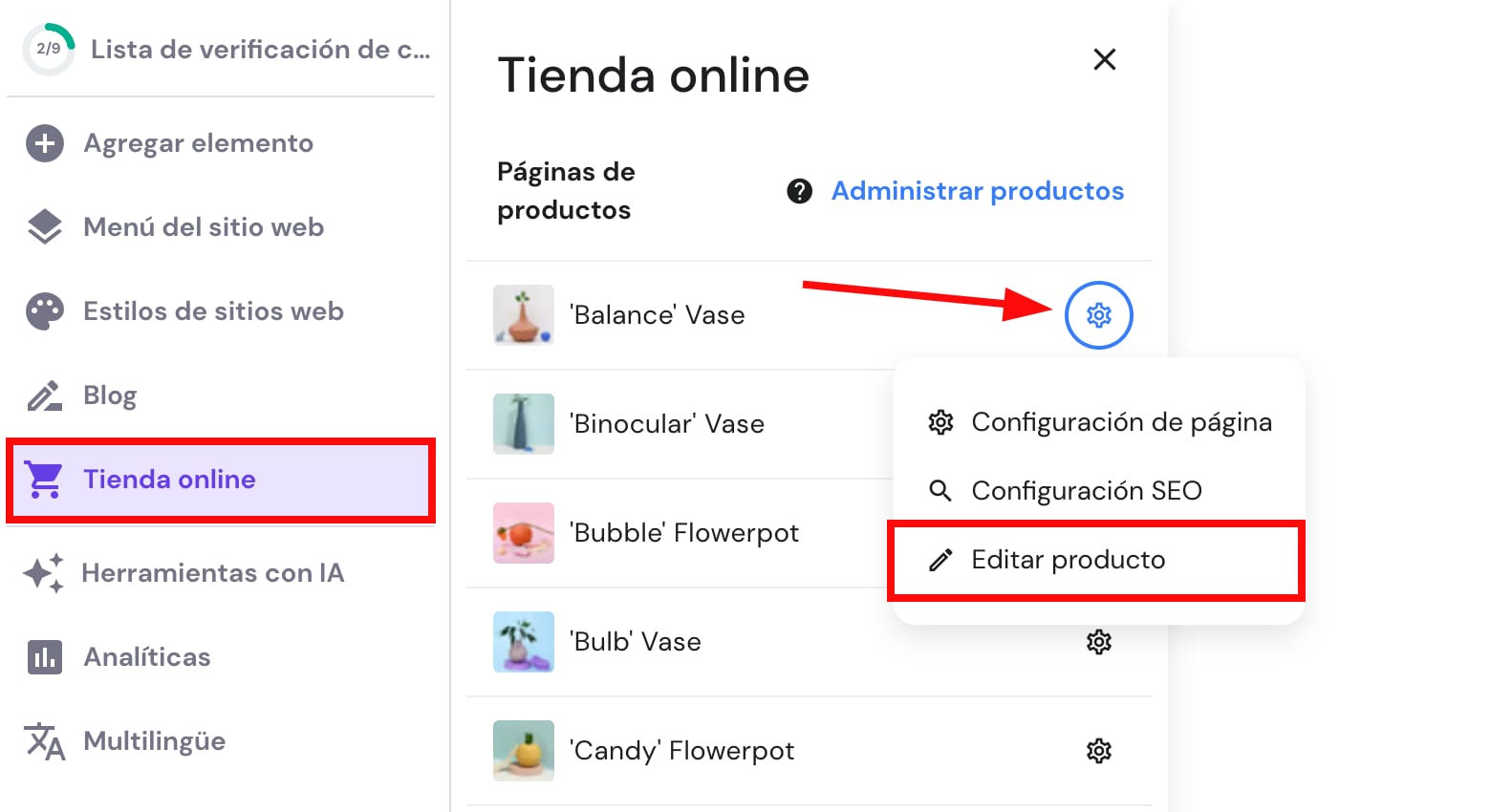 El botón para editar un producto en particular en Hostinger Website Builder
