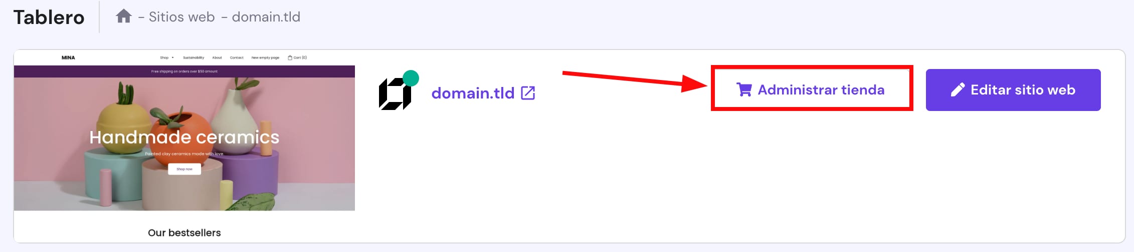 El botón para la gestión de la tienda están en Hostinger Website Builder