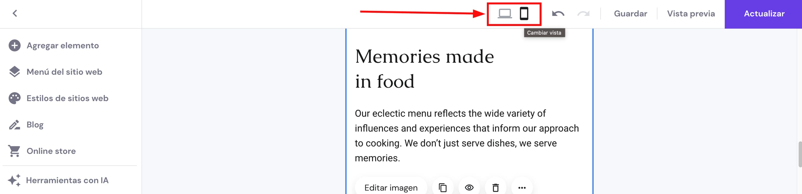El editor móvil en Hostinger Website Builder 