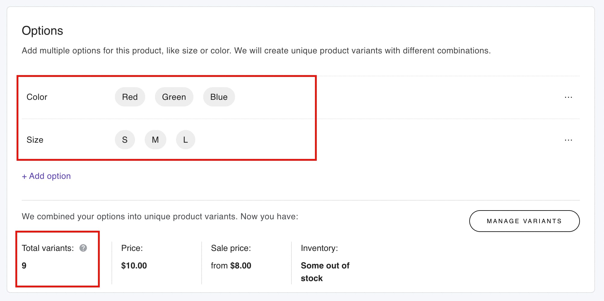 Based on product options, product variations are created automatically