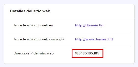 La sección Detalles del sitio web en hPanel mostrando la IP del hosting