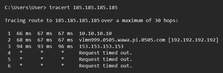 El símbolo de sistema de Windows mostrando la ejecución del comando tracert a una IP ejemplo, dando como resultado un traceroute