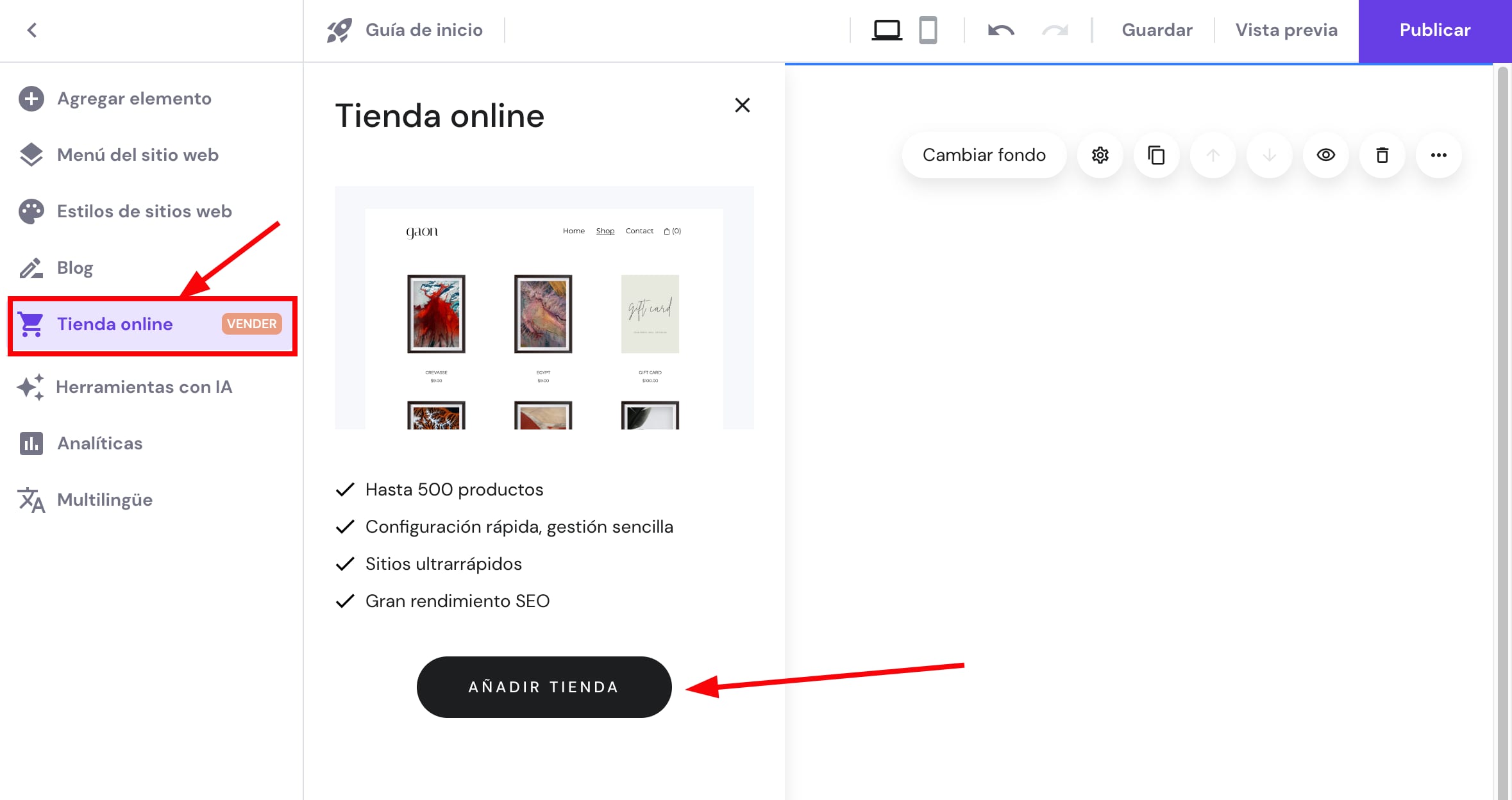 Habilitar una tienda en línea dentro de una plantilla de sitio web