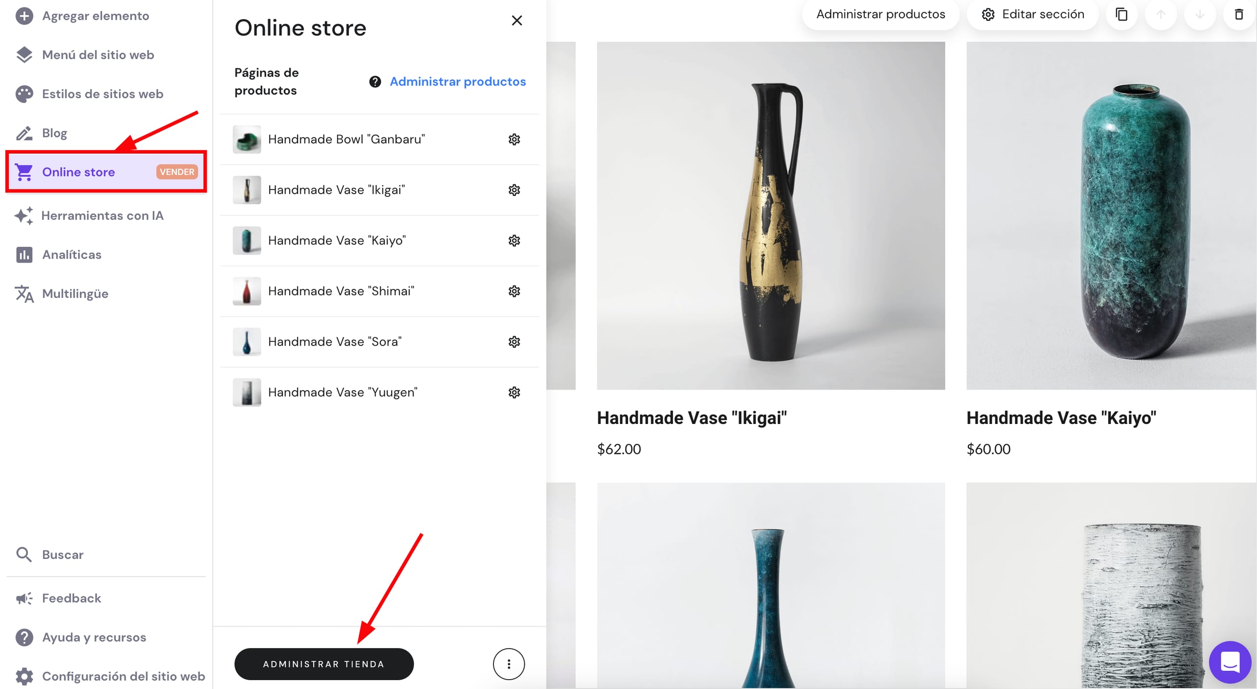 El botón de gestión de la tienda lleva al área de gestión de la tienda