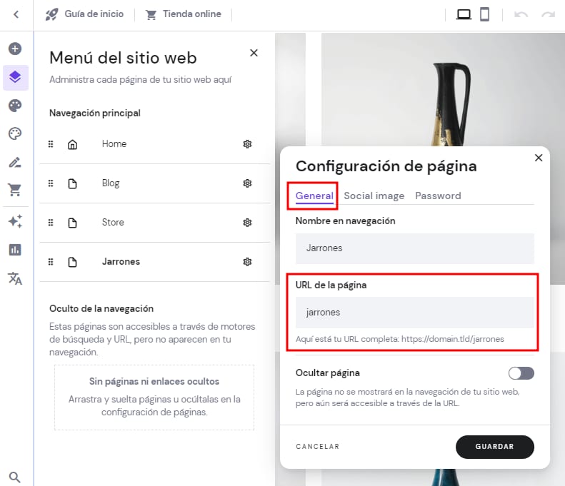 La configuración general de página en el Creador de Sitios Web Hostinger