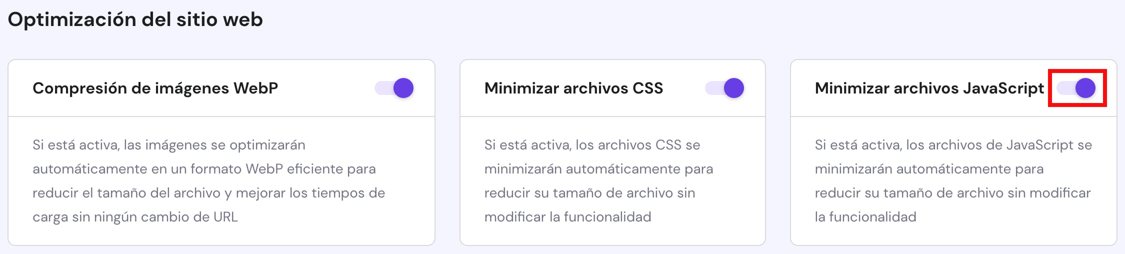 La opción de minificar los archivos JavaScript del sitio web
