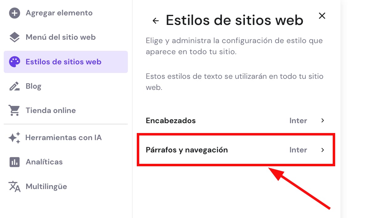 Configuración de estilo de párrafos y navegación en Hostinger Website Builder