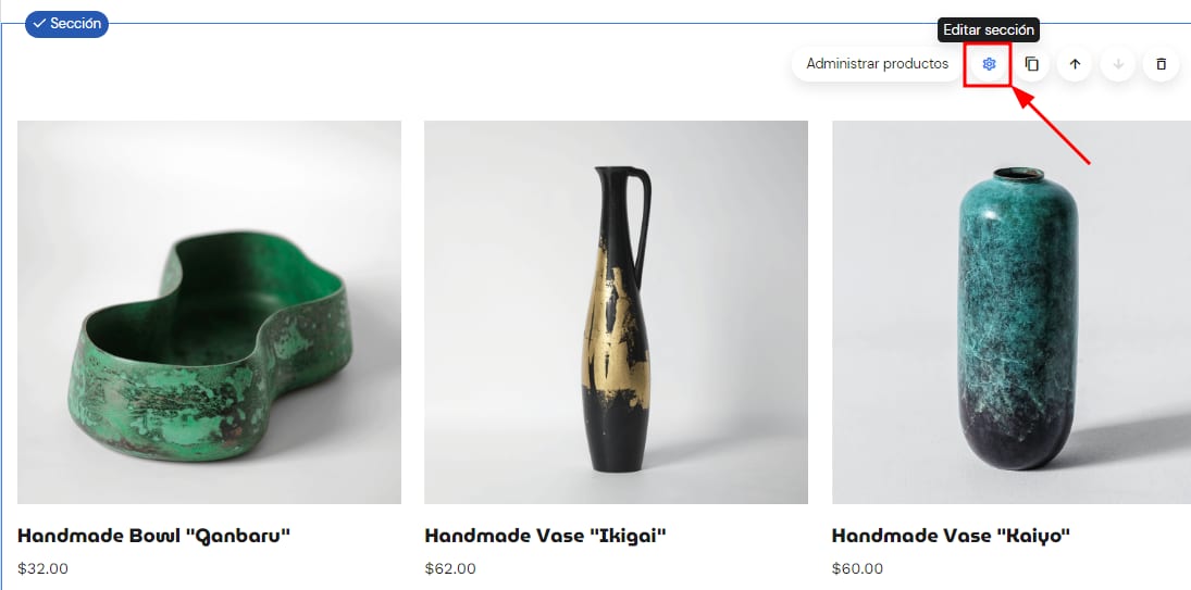 Editar sección de productos con el Creador de Sitios Web Hostinger