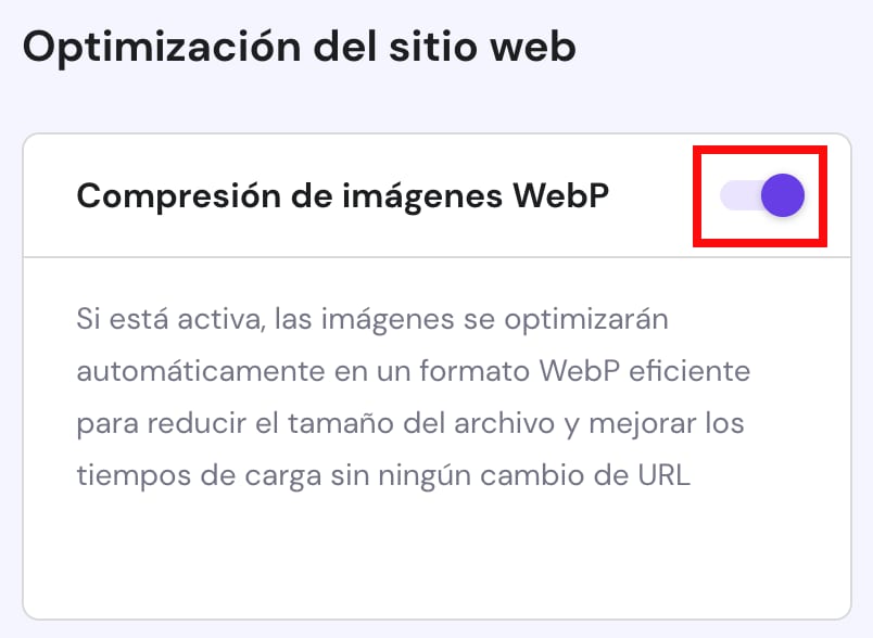 La opción de optimizar automáticamente las imágenes al formato WebP