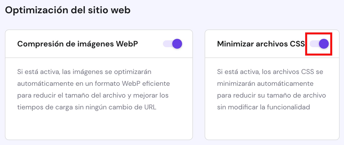 La opción de minificar los archivos CSS del sitio web