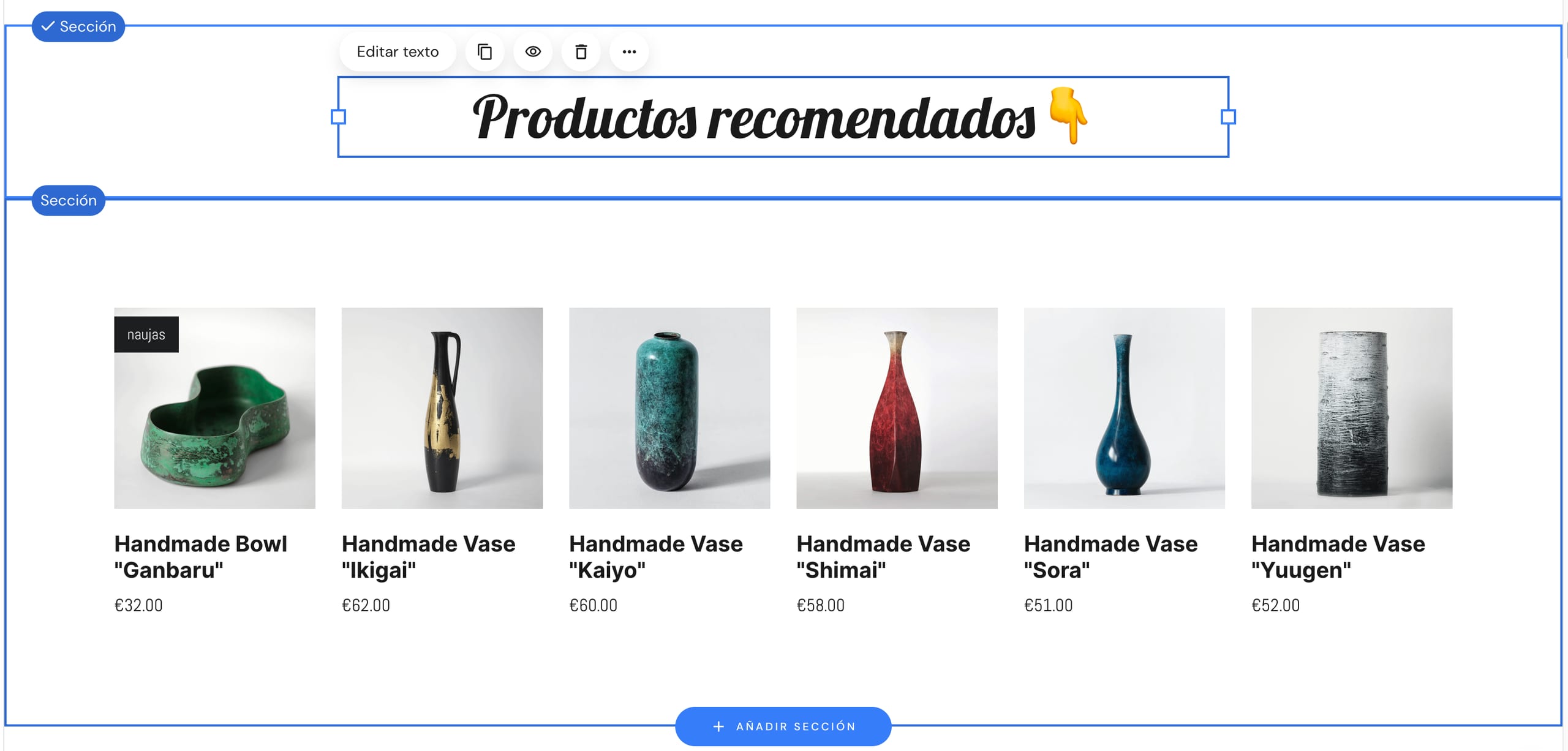 La categoría de productos recomendados mostrada utilizando una sección de lista de productos