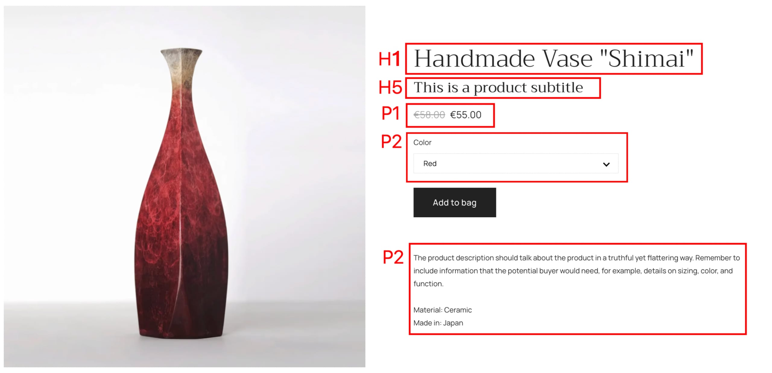 Estilo de texto en una sección de producto y en una página de producto