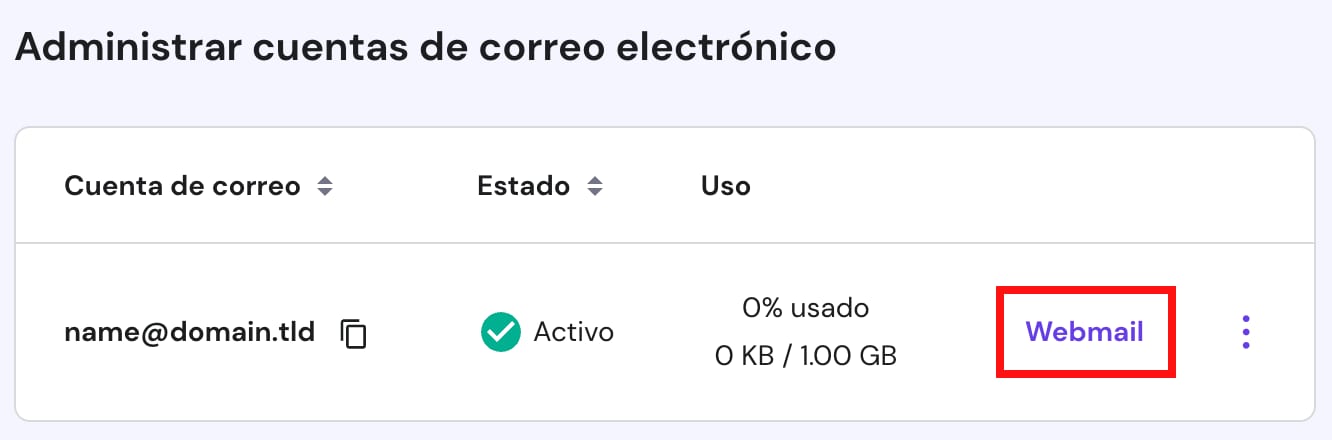 El botón Webmail para acceder a una cuenta de correo electrónico en Hostinger Email