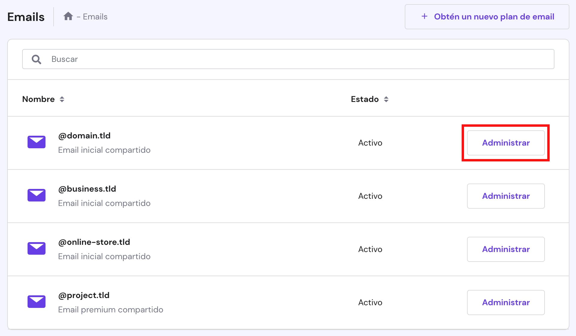 El botón Administrar en hPanel → Emails para administrar un servicio de correo electrónico
