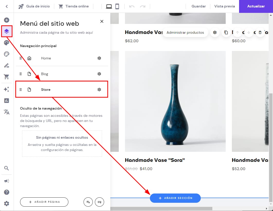 Añadir una sección en la tienda con el Creador de Sitios Web Hostinger