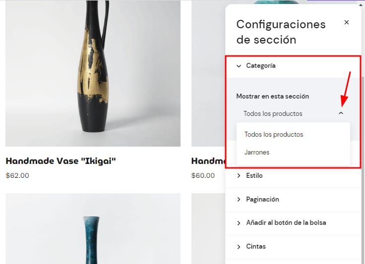 Selecccionar categoría de productos con el Creador de Sitios Web Hostinger