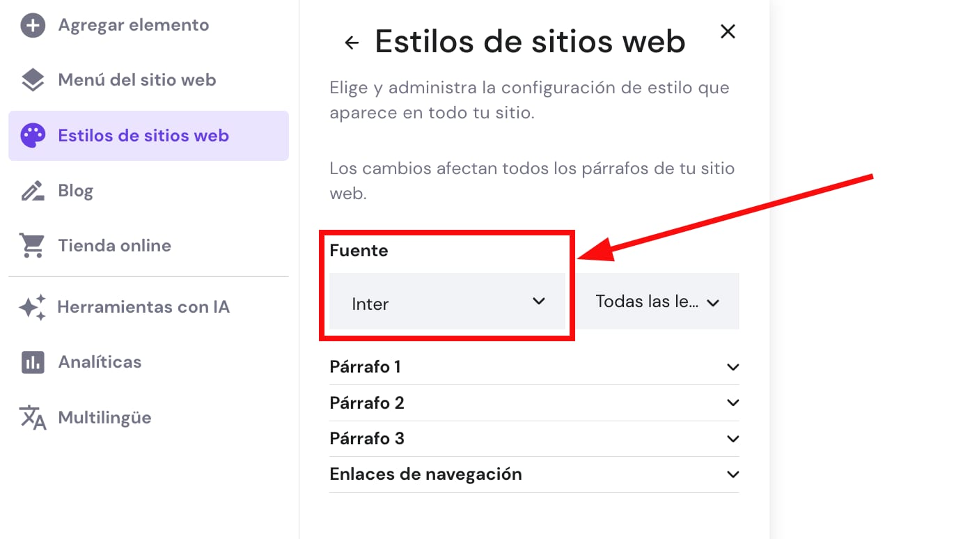 Párrafos y configuración de la fuente de navegación en Hostinger Website Builder