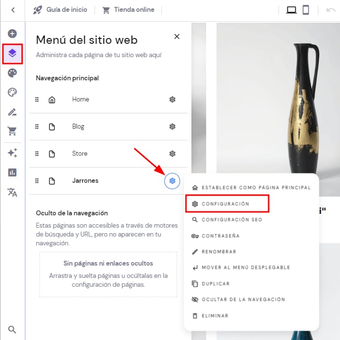 Abrir configuración de página de productos en el Creador de Sitios Web Hostinger