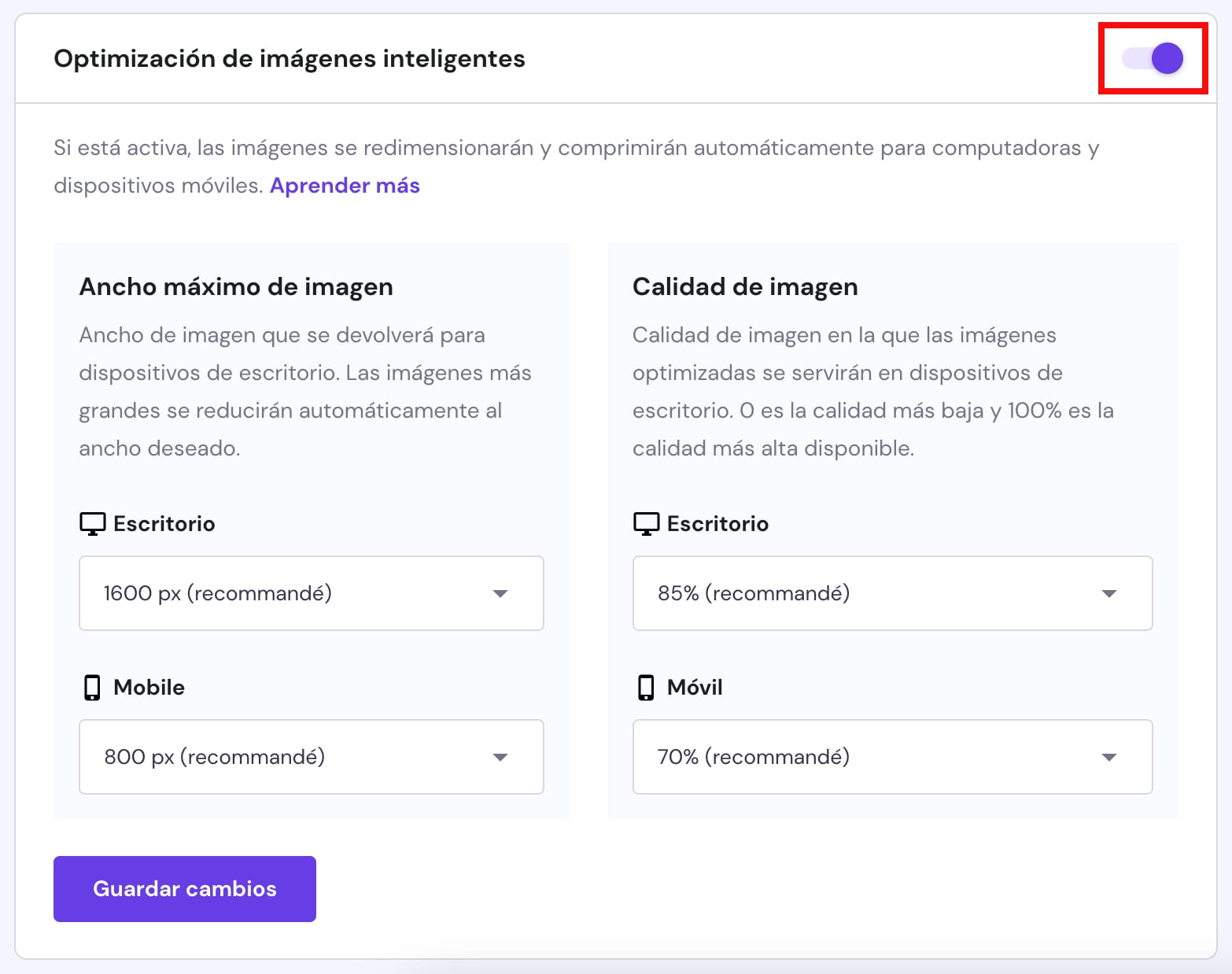 La opción de redimensionar y comprimir automáticamente las imágenes para escritorio y dispositivos móviles