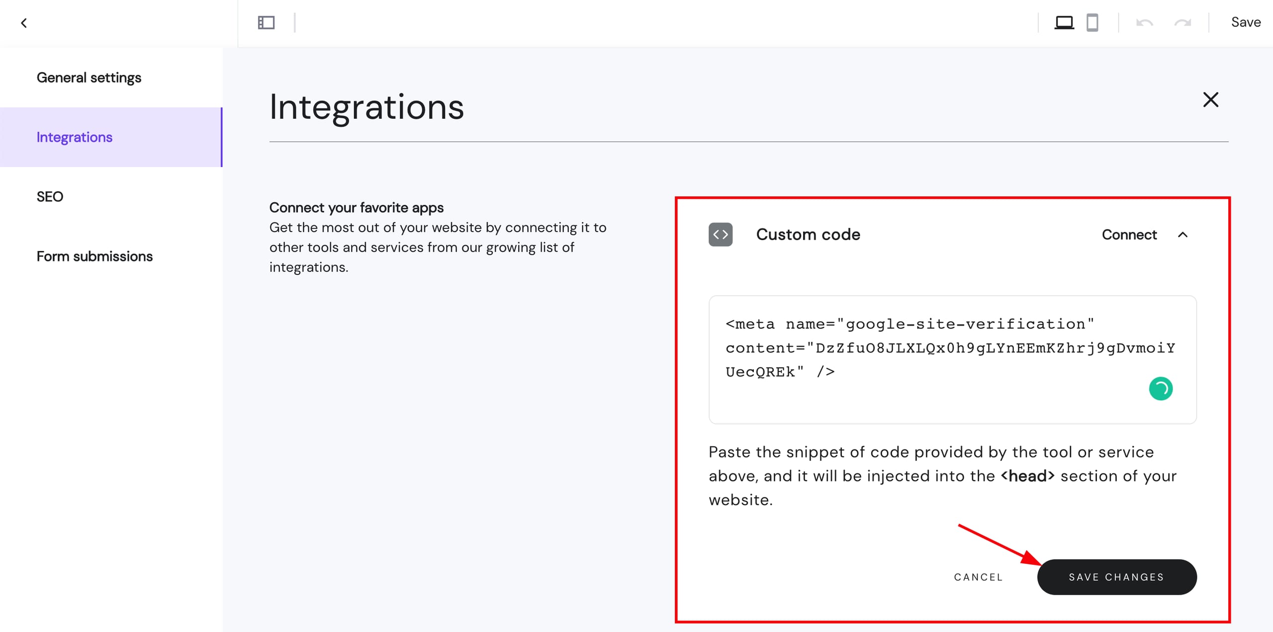 Agregar una metaetiqueta HTML a la configuración de integraciones del sitio web