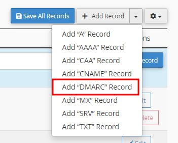 El menú desplegable Agregar registro de cPanel que muestra cómo agregar un registro DMARC