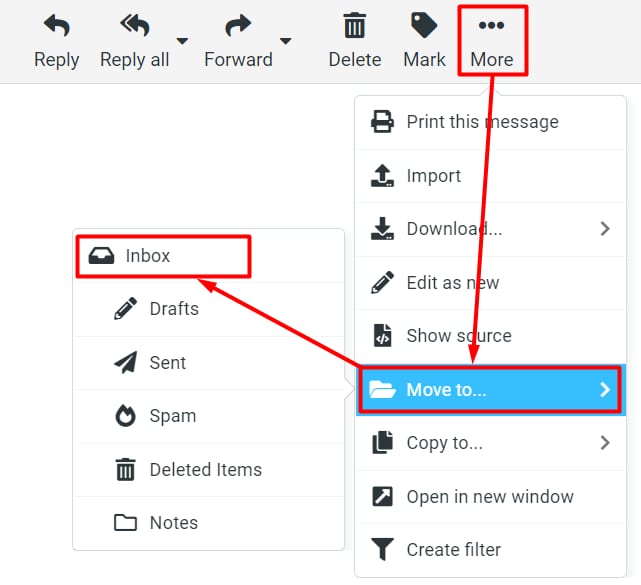 La interfaz de Webmail que muestra cómo mover un mensaje a la carpeta Bandeja de entrada