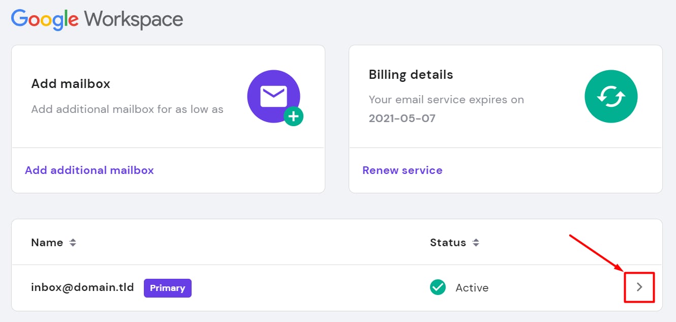 La sección de Google Workspace en el Área de Miembros de Hostinger y cómo acceder a la cuenta de administrador
