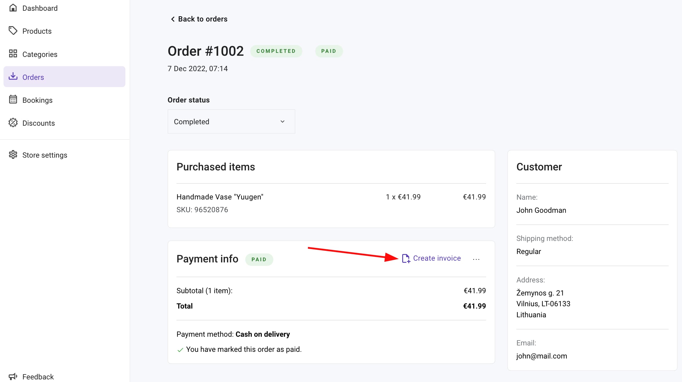 The button Create invoice next to the order's Payment info